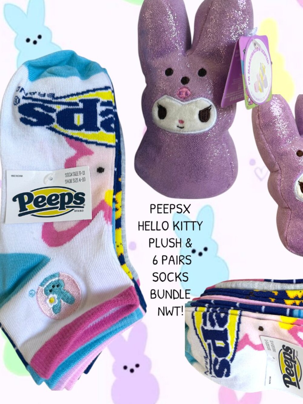 HELLO KITTY X PEEPS ADORABLE PLUSH AND BUNDLE OF 6 PAIRS OF PEEPS SOCKS BUNDLE!